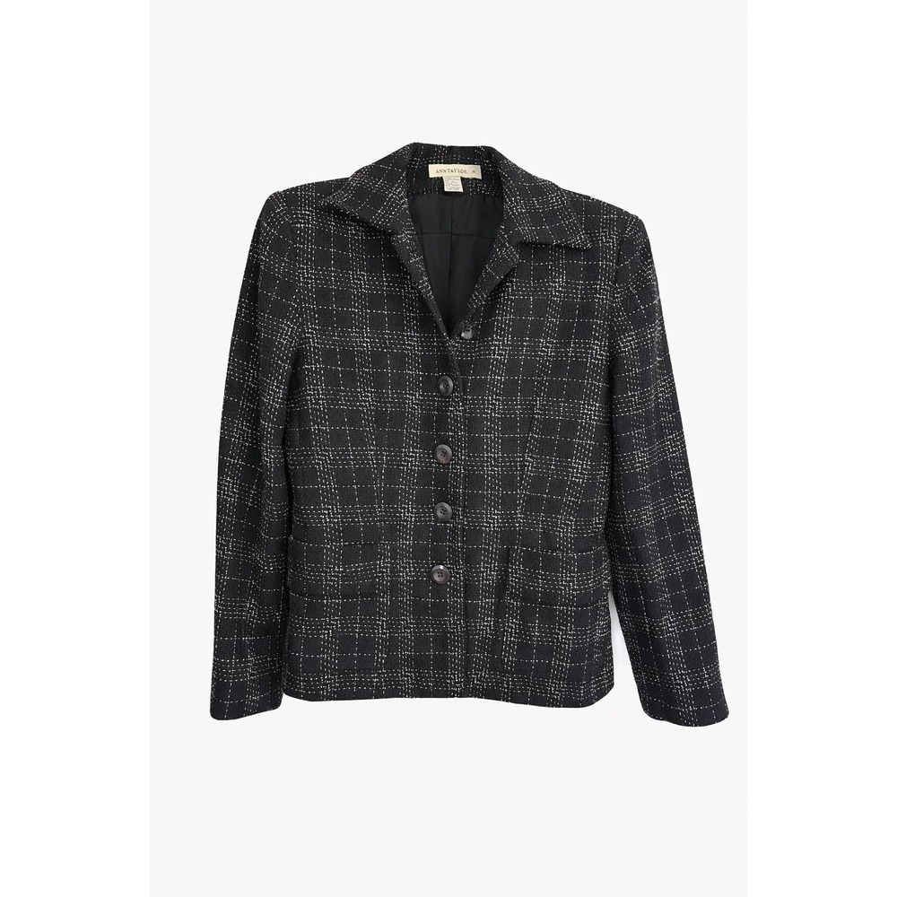 Ann Taylor Wool Plaid Blazer Size 6 Black White Quiet Luxury Old Money Workwear